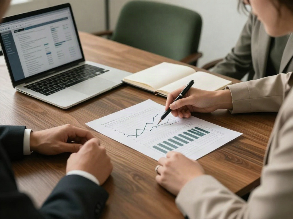 A focused business review with financial charts, notes and a laptop on a walnut meeting table
