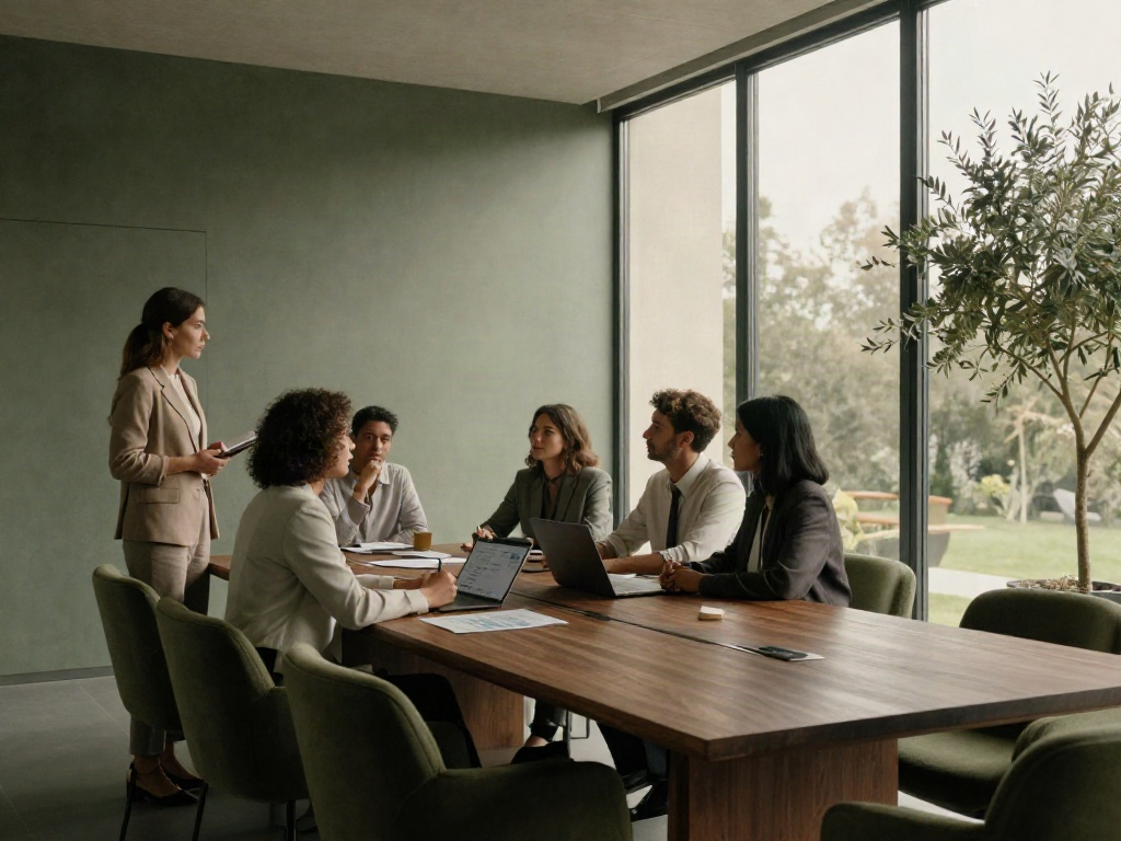 Business leaders discussing corporate strategy in a sunlit contemporary boardroom